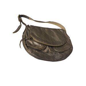 Lucky Brand Pewter Leather Shoulder Stash Bag With Adjustable Strap & Front Pock